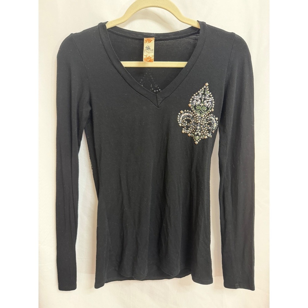 Womens Small Petite Black Whimsygoth Goth Bling‎ Embellished Top Grunge Y2K